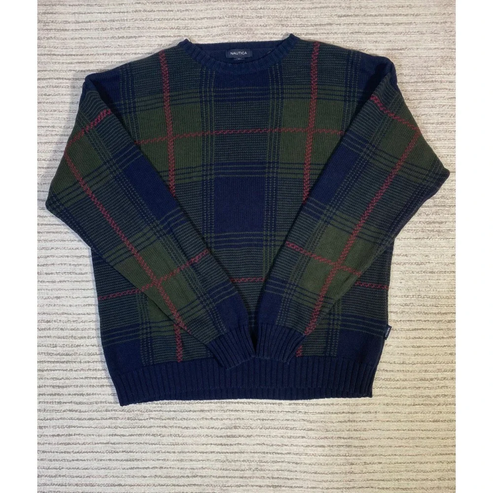 Nautica Mens XL Navy Blue Green Plaid 100% Cotton Crewneck Knit Sweater Pullover